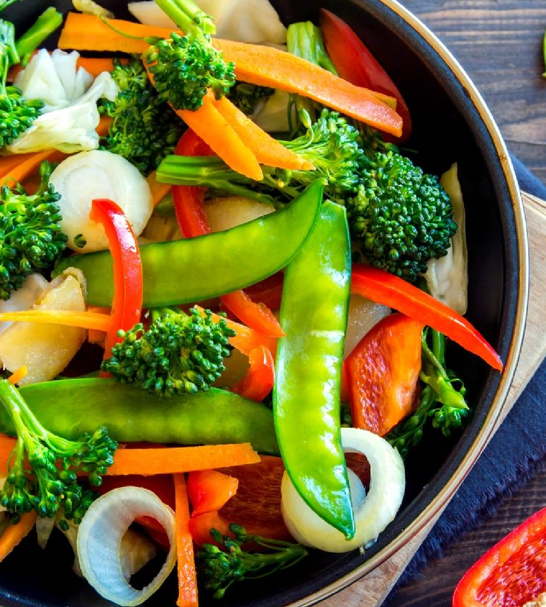 A bowl of vegetables is shown with peppers.